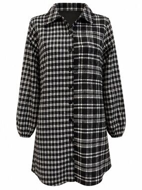 Papillon Black White Plaid Shirt Dress Medium Button Front